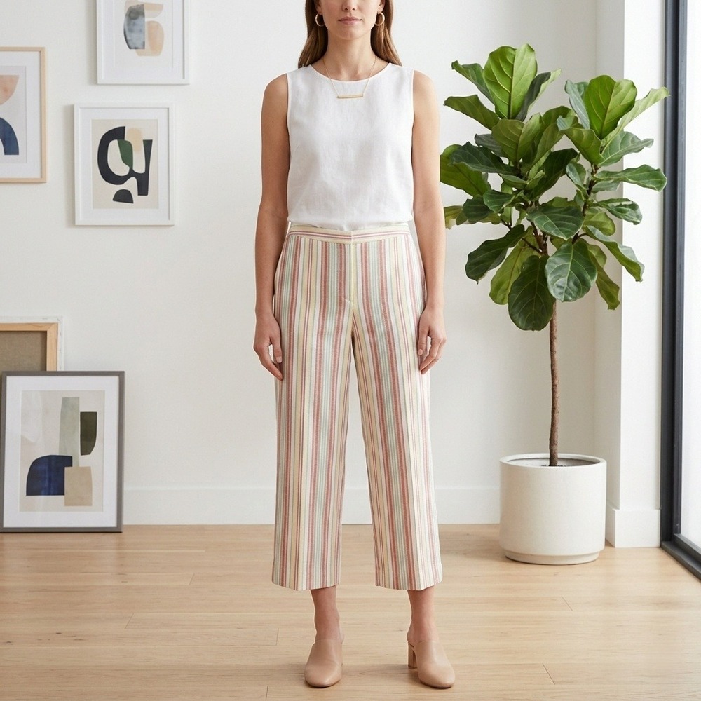 Larry Levine Capri Pants Women's‎ 14 Linen Striped Straight Leg High Rise Preppy